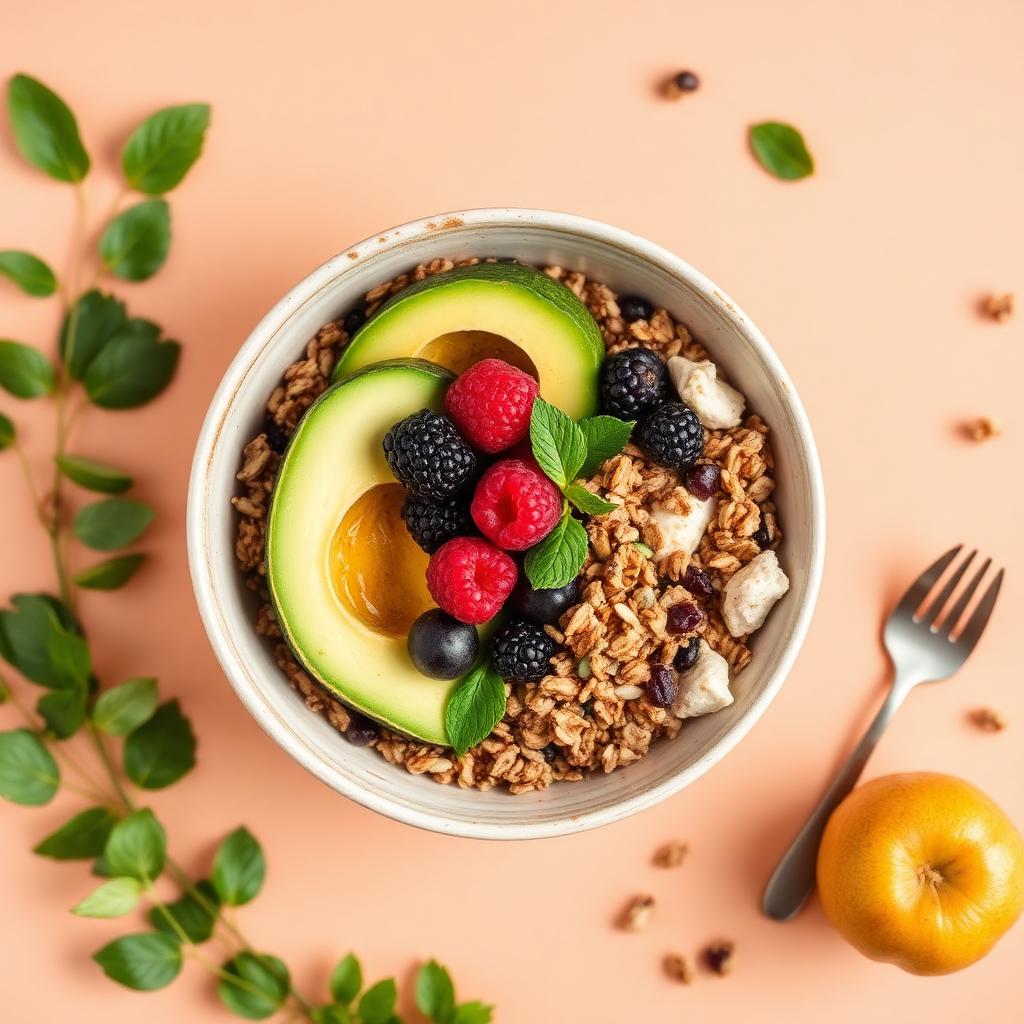 Bowl saludable con aguacate, frutos rojos y granola