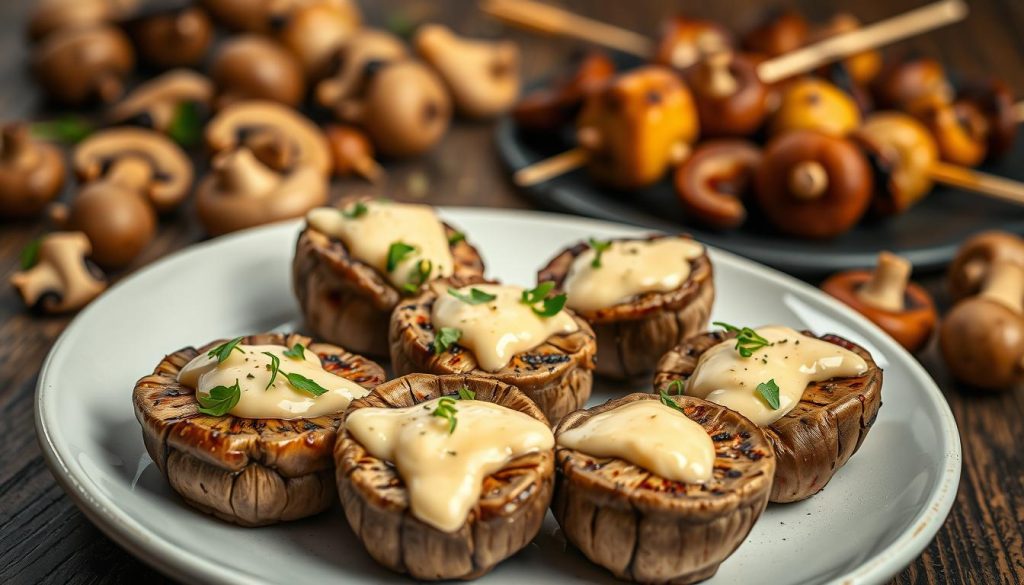A artfully arranged plate of delectable shiitake mushroom appetizers, shot in a soft, natural lighting setup. In the foreground, tender shiitake caps are gently sautéed and topped with a drizzle of creamy garlic-herb sauce, garnished with delicate microgreens. The middle ground features skewers of juicy shiitake bites, grilled to a perfect caramelized finish. In the background, a scattering of fresh shiitake mushrooms in various stages of preparation creates a rustic, earthy backdrop. The overall composition evokes a sense of culinary sophistication and an appetite-whetting display of these versatile, flavorful fungi.