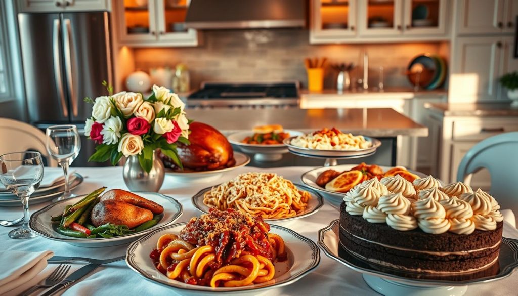 A beautifully arranged collection of mouthwatering New York Times recipes for special occasions. In the foreground, an elegant table setting with fine china, silver cutlery, and a stunning centerpiece of fresh flowers. In the middle ground, a variety of sumptuous dishes, each one a culinary masterpiece - roasted turkey with all the trimmings, a rich and creamy pasta bake, a decadent chocolate cake with intricate frosting details. The background features a warm, inviting kitchen setting with stainless steel appliances, gleaming countertops, and a cozy ambiance. The lighting is soft and natural, casting a golden glow over the entire scene, evoking a sense of celebration and indulgence. The overall mood is one of sophistication, elegance, and the joy of sharing exceptional food with loved ones.