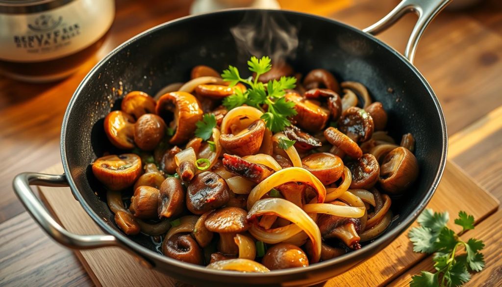 A beautifully lit close-up photograph of a steaming shiitake mushroom stir-fry, sizzling in a wok on a wooden kitchen counter. The earthy, meaty mushrooms are sautéed with sliced onions, garlic, and a rich, savory sauce, creating a mouthwatering dish. The stir-fry is garnished with fresh cilantro sprigs, adding a pop of green color. The scene is bathed in warm, golden light, conveying the comforting, homemade atmosphere of a delicious, family-style meal.