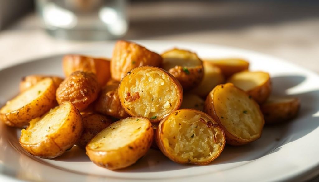 A close-up of a plate featuring a selection of freshly air-fried baby potatoes. The potatoes are golden-brown, crispy on the outside, and fluffy on the inside. They are lightly seasoned with a blend of herbs and spices, adding depth of flavor. The potatoes are arranged in a visually appealing manner, with some halved to showcase their interior. The plate is set against a neutral, slightly blurred background, allowing the potatoes to be the focal point. The lighting is soft and natural, creating warm, inviting shadows that accentuate the texture and shape of the potatoes. The overall mood is one of appetizing simplicity, capturing the essence of a delicious air-fried baby potato dish.