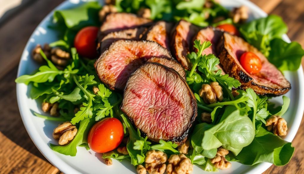 A fresh green salad with tender slices of juicy, pan-seared beef. The greens are a mix of crisp romaine, peppery arugula, and vibrant spinach leaves. Atop the salad, the caramelized beef slices glisten under the warm, natural lighting, their char and pink center a delightful contrast. Sprinkled throughout are cherry tomatoes, their burst of sweetness complementing the savory beef. Toasted walnuts add a delightful crunch, while a tangy balsamic vinaigrette ties all the flavors together. The scene is captured with a wide-angle lens, the salad taking up the majority of the frame, its textures and colors popping against a softly blurred background.