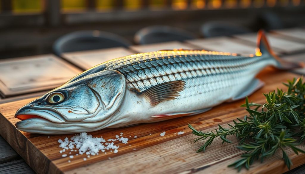 A grilled whole striped bass resting on a wooden cutting board, its vibrant silver-blue scales glistening under the warm, golden light of a sunset. The fish's firm, moist flesh is lightly charred, releasing an enticing aroma of smoky, savory flavors. In the foreground, a sprinkle of coarse sea salt and a drizzle of fragrant olive oil accentuate the dish's natural simplicity. The mid-ground showcases a selection of fresh herbs, such as thyme and rosemary, their verdant hues providing a vibrant contrast. The background features a rustic, weathered wooden table, evoking the casual elegance of an outdoor grill. The overall scene exudes a sense of tranquility and culinary expertise, inviting the viewer to savor the delightful flavors of this grilled whole striped bass.