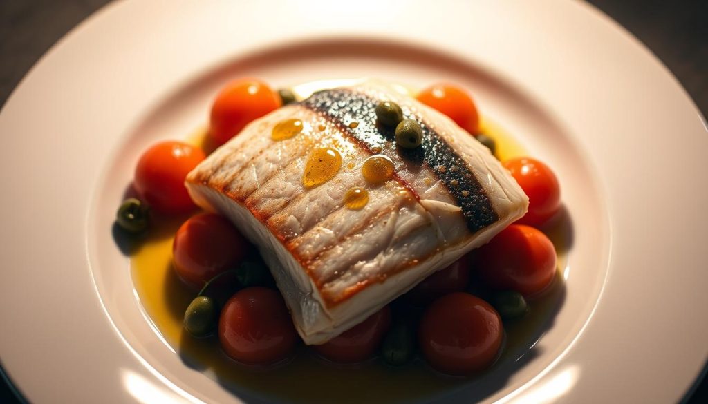 A sumptuous poached striped bass fillet rests atop a bed of vibrant red tomatoes, accented by the briny pop of capers. The fish's delicate flakes glisten under the warm, diffused lighting, while a light drizzle of olive oil glistens on the surface. The arrangement is framed by a crisp white plate, creating a visually striking and appetizing scene. Subtle shadows add depth and dimension, drawing the viewer's attention to the star of the dish. The overall mood is one of refined elegance and culinary artistry.