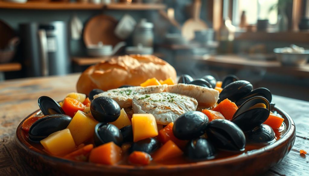 A sumptuous seafood stew simmers on a rustic wooden table, its rich broth glistening under the warm glow of a soft, diffused light. In the foreground, fresh rockfish fillets and juicy mussels mingle with tender potatoes, carrots, and onions, their vibrant colors and textures creating a visually enticing composition. The middle ground features a crusty, golden-brown bread loaf, its aroma beckoning to be paired with the hearty stew. In the background, a cozy, inviting kitchen scene unfolds, with simple, earthy decor and a hint of weathered charm, evoking a sense of comfort and homemade goodness. The overall mood is one of nourishment, warmth, and the pleasures of a satisfying, homestyle meal.