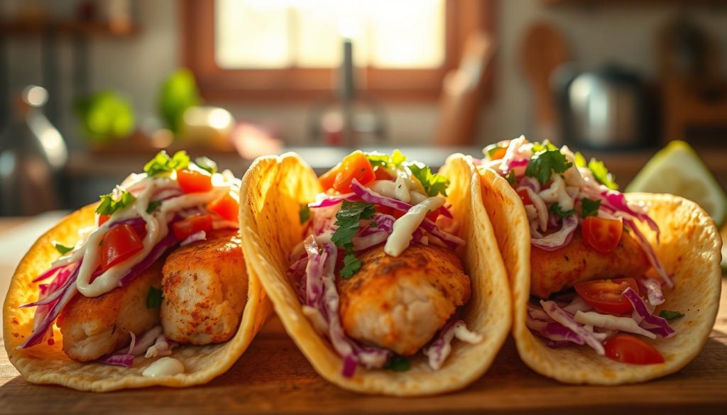 Crisp, golden-brown rockfish fillets nestled in soft, warm tortillas, topped with a vibrant slaw of shredded cabbage, diced tomatoes, and a tangy lime crema. The scene is illuminated by warm, natural light filtering through a window, casting a soft, inviting glow over the scene. The composition places the tacos in the foreground, with a blurred background hinting at a cozy, casual kitchen setting. The overall mood is one of mouthwatering deliciousness and inviting homemade comfort.