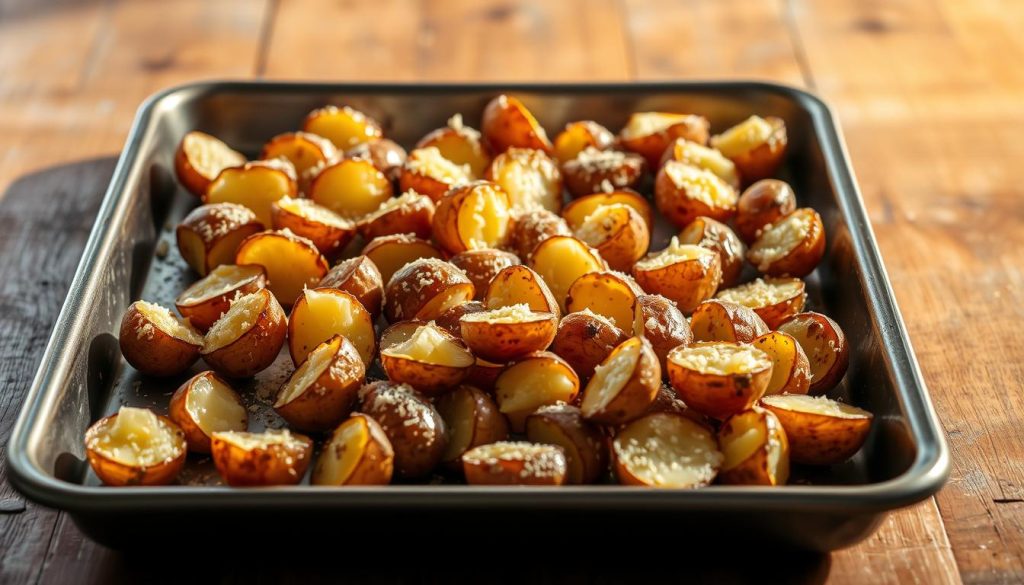 Parmesan roasted baby potatoes, golden-brown and crispy on the outside, with a fluffy interior. A steel baking sheet in the foreground, the potatoes arranged neatly, sprinkled generously with grated parmesan cheese. Warm, directional lighting from the side, casting subtle shadows and highlights, accentuating the delicate texture. In the background, a rustic wooden table, simple and uncluttered, allowing the potatoes to be the star of the scene. The overall mood is inviting and appetizing, making the viewer crave a bite of these irresistible, savory treats.