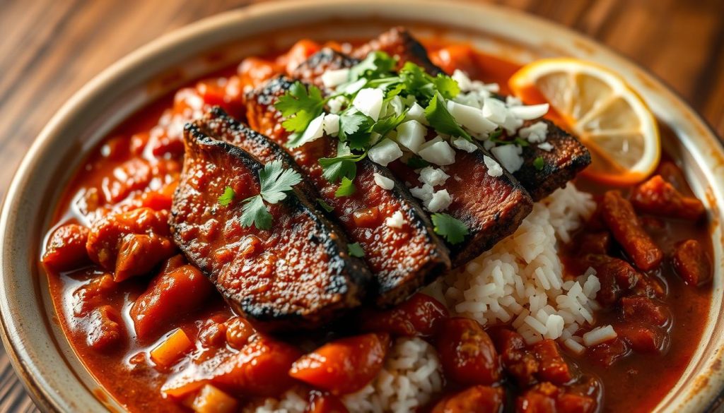 Vibrant Mexican-inspired dish showcasing tender, slow-cooked beef, simmered in a rich, aromatic sauce of tomatoes, chili peppers, and fragrant spices. Sliced steak seared to perfection, nestled atop a bed of fluffy white rice, garnished with a medley of fresh cilantro, diced onions, and a sprinkle of cotija cheese. Warm, earthy tones create an inviting, homestyle atmosphere, highlighted by soft, diffused lighting that casts gentle shadows, drawing the eye to the mouthwatering textures and flavors. Photographed from a high angle, creating a dynamic, appetizing composition that captures the authentic essence of Mexican cuisine.