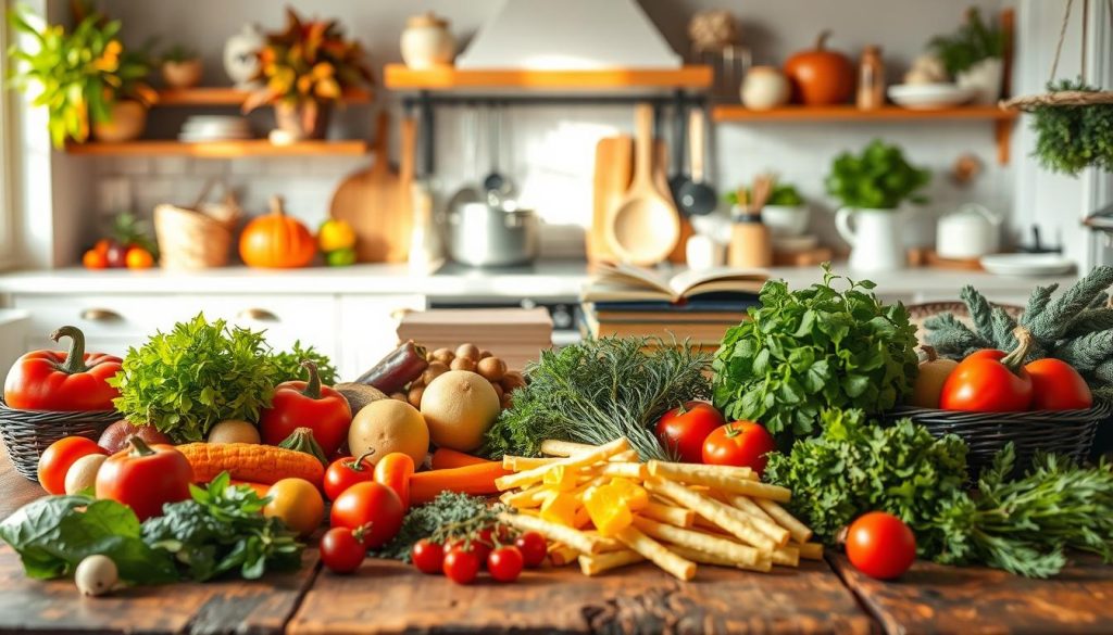 Vibrant seasonal recipes displayed on a rustic wooden table, illuminated by warm, natural lighting. In the foreground, a variety of fresh ingredients like vegetables, herbs, and seasonal fruits. In the middle ground, neatly arranged cooking utensils and cookbooks, hinting at the culinary inspiration. The background features a cozy, inviting kitchen setting with hints of autumn, winter, spring, and summer décor, creating a sense of timelessness and the changing of the seasons. The overall mood is one of comfort, creativity, and the joy of seasonal cooking.